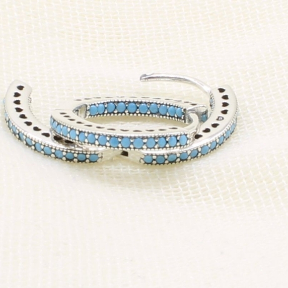 925 Sterling Silver Turqouise Blue Hoop Earring - Picture 7 of 10